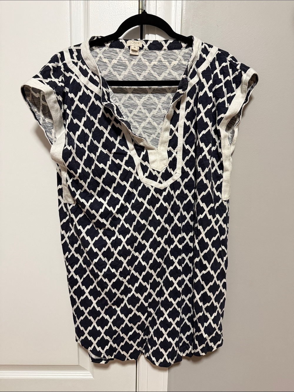 J. Crew Navy & White Geometric Cap-Sleeve Cover Up